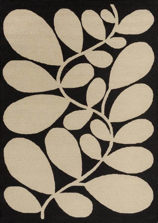 Orla Kiely Sycamore Black 464205 Vloerkleed 160 x 230 cm Zwart Rectangular PET Eetkamer Woonkamer Slaapkamer Bloemen Modern Buitentapijten