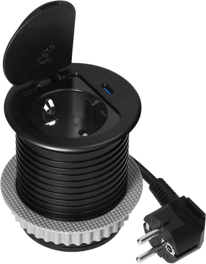 ORNO Stekkerdoos 1 stopcontact met deksel Verdeelstekker met USB C Inbouw Bureau stekkerblok met 1.9 meter kabel Zwart