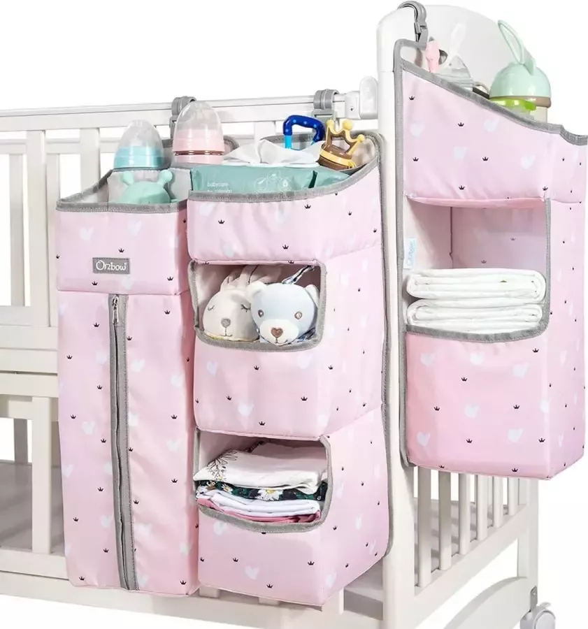 Orzbow Organisator voor kinderkamer babyluier hangtas opbergruimte voor babybedje 3 in 1 verwijderbare en multifunctionele grote ruimte nachtkastje om op te hangen (roze)