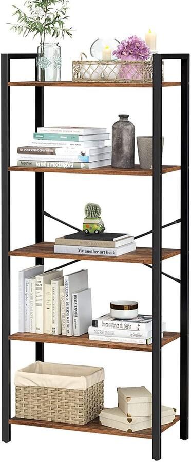 Oskar Boekenkast Industriële Stijl – Rustiek Bruin & Zwart – 5 Planken – Metalen Frame – Vintage Open Kast – Wandrek voor Woonkamer Slaapkamer Kantoor – 66x30x153 cm
