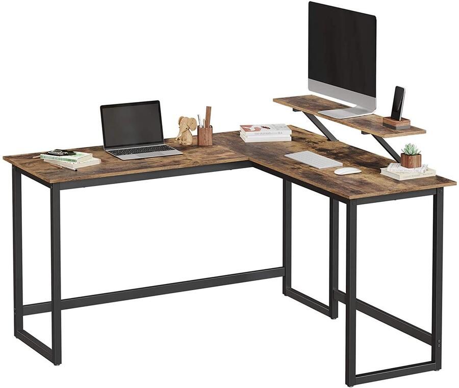 Oskar Bureau in Industriële Stijl – Hoekbureau met Verplaatsbaar Monitorplatform – Rustiek Bruin & Zwart – 130x140 cm – Metalen Frame – Ergonomisch Computerbureau met Stalen Constructie en Verstelbare Pootjes – Max. 50 kg Belastbaar