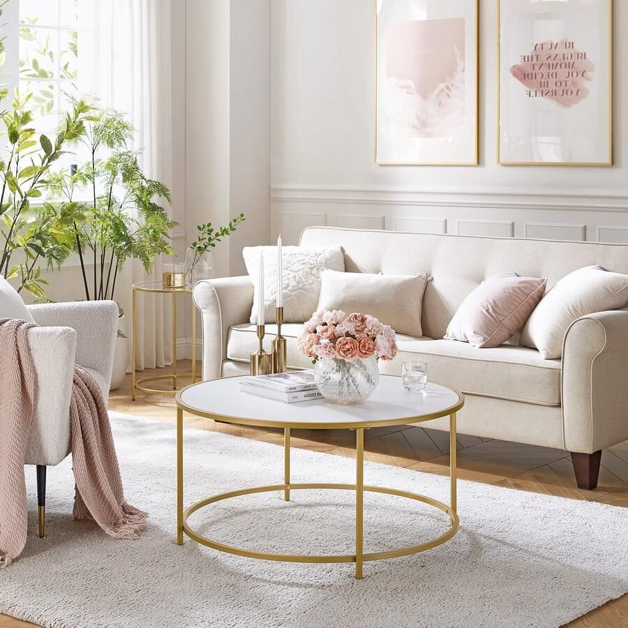 Oskar Ronde Salontafel – Ø84 cm – Wit Tafelblad & Goud Stalen Frame – Elegant Design met Verstelbare Poten – 30 kg Draagvermogen