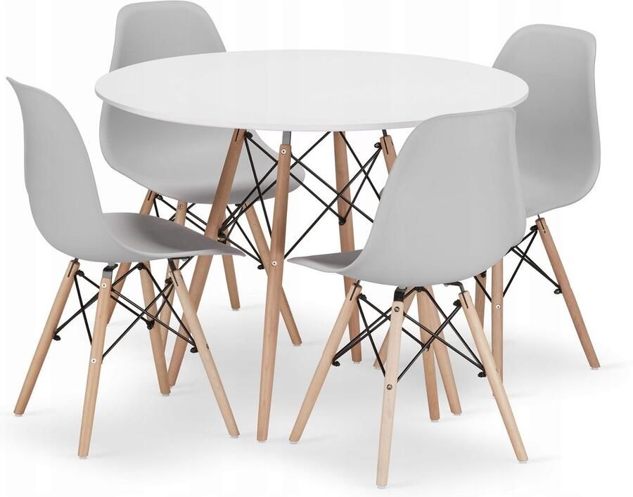 Oskar Set Ronde Eettafel TODI Ø100 cm Wit + 4 Eetkamerstoelen OSAKA Grijs – Eetkamerset – Eethoek – Scandinavisch Design Compact en Modern – Geschikt voor Keuken Eetkamer en Woonkamer Ideaal voor Kleine Ruimtes