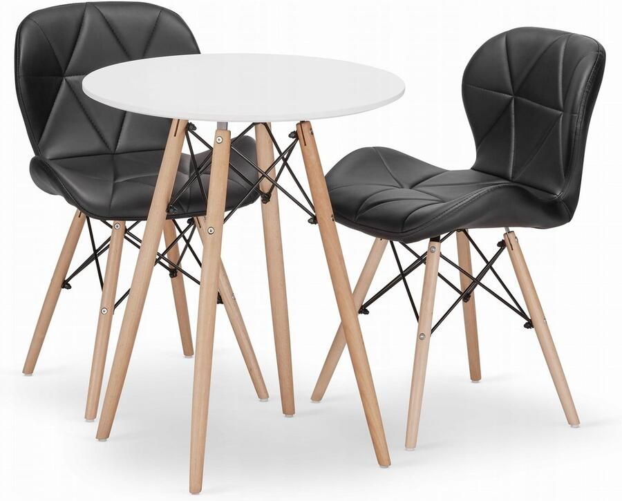 Oskar Set Ronde Eettafel TODI Ø60 cm Wit + 2 Eetkamerstoelen LAGO Zwart – Kunstleer Eetkamerset – Eethoek – Scandinavisch Design Compact en Modern – Geschikt voor Keuken Eetkamer en Woonkamer Ideaal voor Kleine Ruimtes