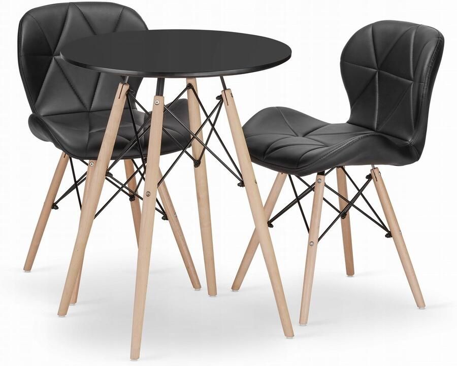 Oskar Set Ronde Eettafel TODI Ø60 cm Zwart + 2 Eetkamerstoelen LAGO Zwart – Kunstleer Eetkamerset – Eethoek – Scandinavisch Design Compact en Modern – Geschikt voor Keuken Eetkamer en Woonkamer Ideaal voor Kleine Ruimtes