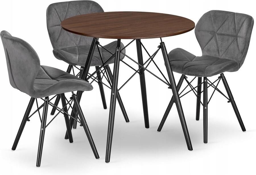 Oskar Set Ronde Eettafel TODI Ø80 cm Essen Zwart + 3 Eetkamerstoelen LAGO Grijs Zwart – Velvet Eetkamerset – Eethoek – Scandinavisch Design Compact en Modern – Geschikt voor Keuken Eetkamer en Woonkamer Ideaal voor Kleine Ruimtes