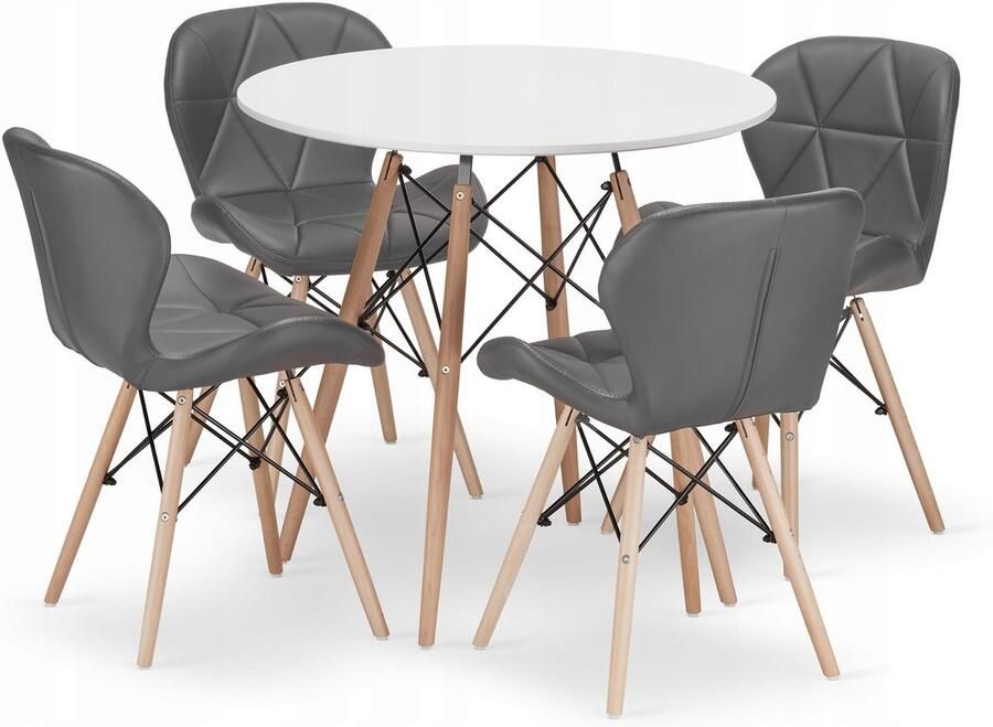 Oskar Set Ronde Eettafel TODI Ø80 cm Wit + 4 Eetkamerstoelen LAGO Grijs – Kunstleer Eetkamerset – Eethoek – Scandinavisch Design Compact en Modern – Geschikt voor Keuken Eetkamer en Woonkamer