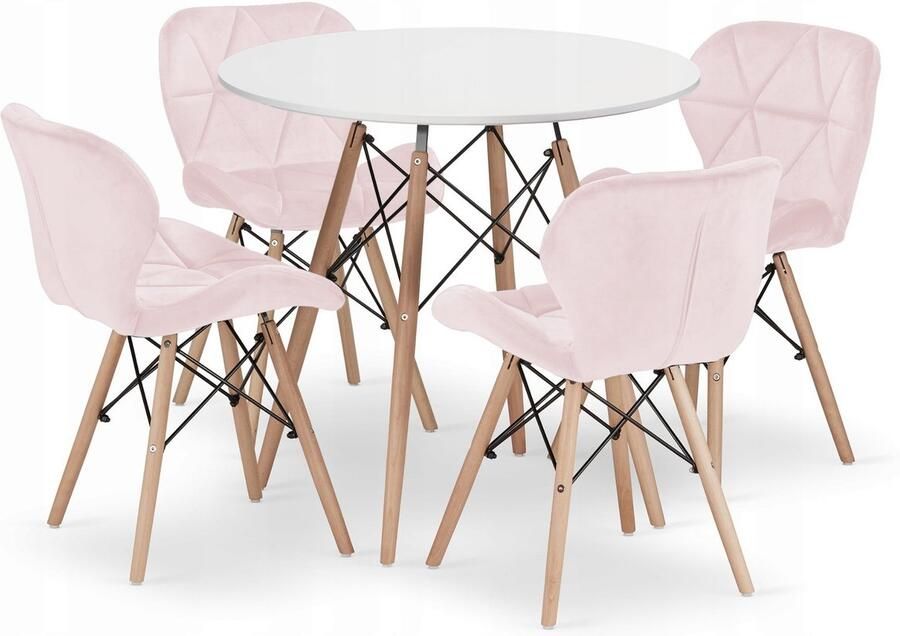 Oskar Set Ronde Eettafel TODI Ø80 cm Wit + 4 Eetkamerstoelen LAGO Roze – Velvet Eetkamerset – Eethoek – Scandinavisch Design Compact en Modern – Geschikt voor Keuken Eetkamer en Woonkamer Ideaal voor Kleine Ruimtes