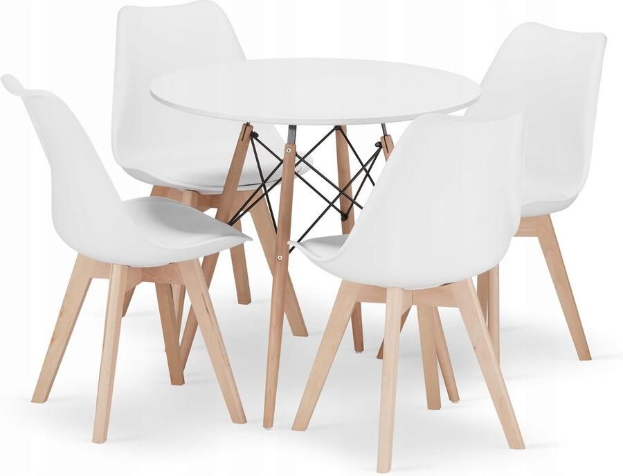 Oskar Set Ronde Eettafel TODI Ø80 cm Wit + 4 Eetkamerstoelen MARK Wit – Eetkamerset – Eethoek – Scandinavisch Design Compact en Modern – Geschikt voor Keuken Eetkamer en Woonkamer Ideaal voor Kleine Ruimtes