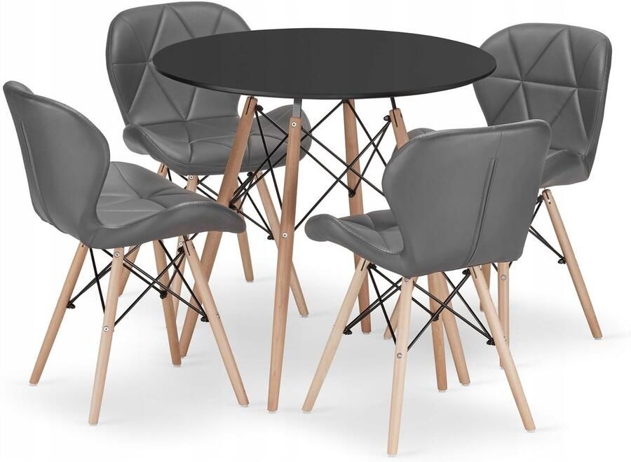 Oskar Set Ronde Eettafel TODI Ø80 cm Zwart + 4 Eetkamerstoelen LAGO Grijs – Kunstleer Eetkamerset – Eethoek – Scandinavisch Design Compact en Modern – Geschikt voor Keuken Eetkamer en Woonkamer