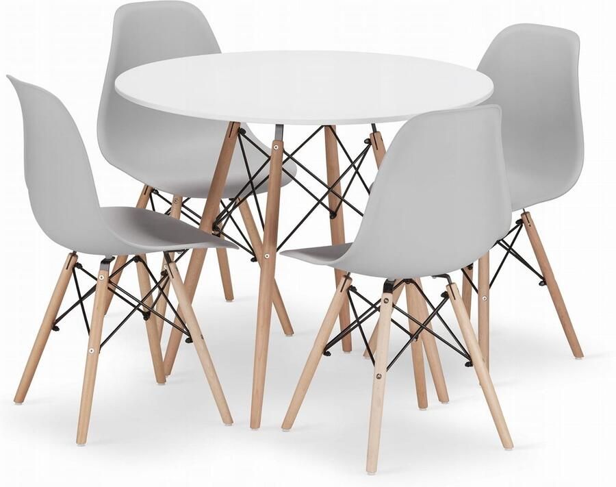 Oskar Set Ronde Eettafel TODI Ø90 cm Wit + 4 Eetkamerstoelen OSAKA Grijs – Eetkamerset – Eethoek – Scandinavisch Design Compact en Modern – Geschikt voor Keuken Eetkamer en Woonkamer Ideaal voor Kleine Ruimtes