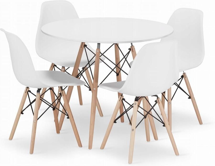 Oskar Set Ronde Eettafel TODI Ø90 cm Wit + 4 Eetkamerstoelen OSAKA Wit – Eetkamerset – Eethoek – Scandinavisch Design Compact en Modern – Geschikt voor Keuken Eetkamer en Woonkamer Ideaal voor Kleine Ruimtes