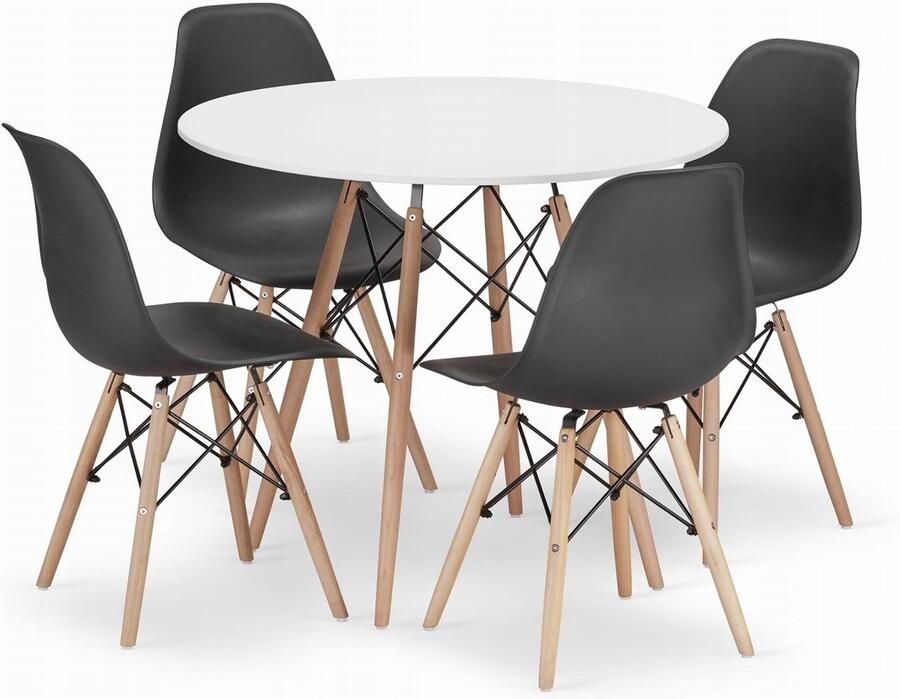 Oskar Set Ronde Eettafel TODI Ø90 cm Wit + 4 Eetkamerstoelen OSAKA Zwart – Eetkamerset – Eethoek – Scandinavisch Design Compact en Modern – Geschikt voor Keuken Eetkamer en Woonkamer Ideaal voor Kleine Ruimtes