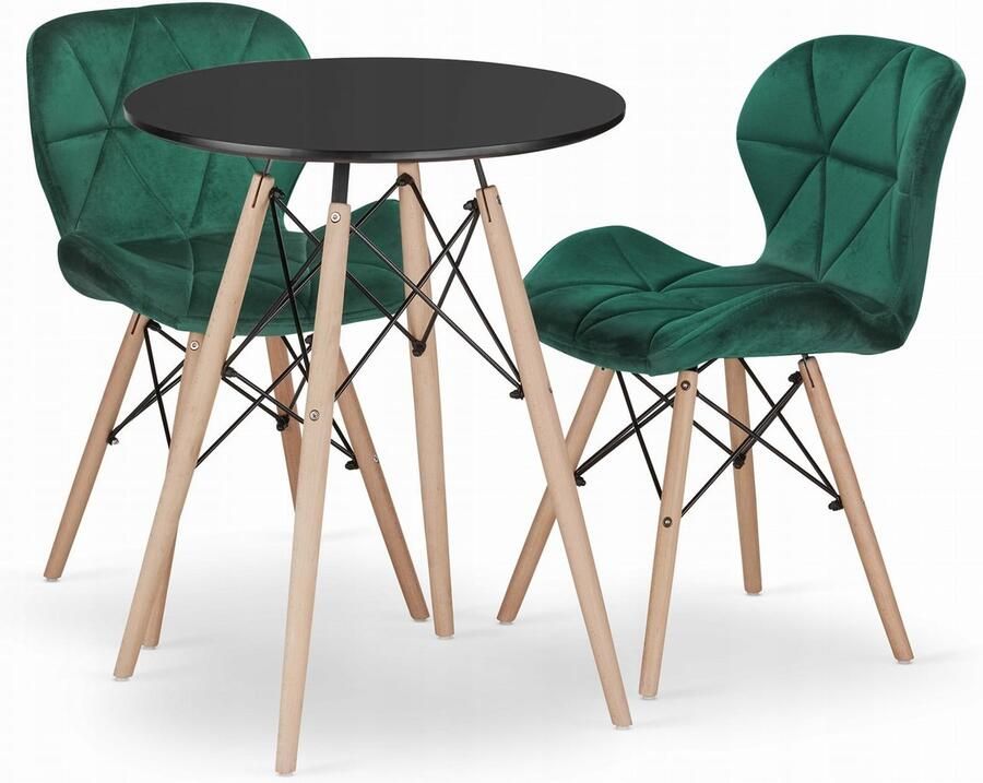 Oskar Set ronde tafel TODI 60 zwart + 2 LAGO groene stoelen