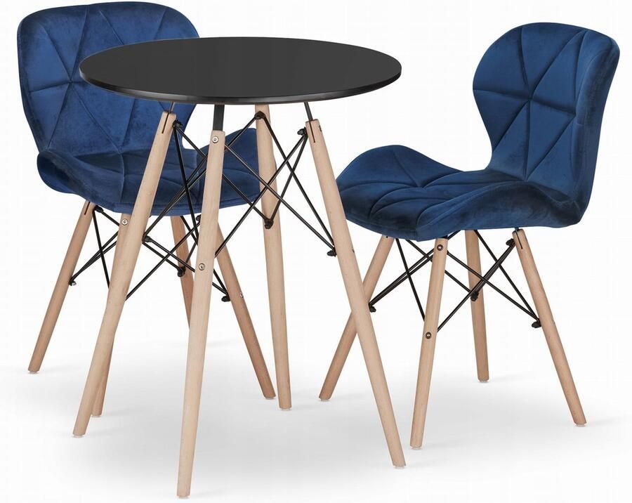 Oskar Set ronde tafel TODI 60 zwart + 2 LAGO marineblauwe stoelen