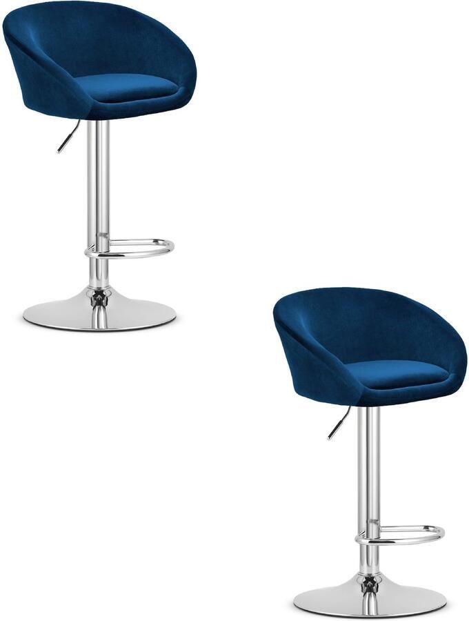 Oskar Set van 2 Barkrukken EAST – Velvet Donkerblauw Chromen Basis Rugleuning Verstelbare Hoogte 360° Draaibaar Comfortabele Voetsteun Modern Design Max. 110 kg