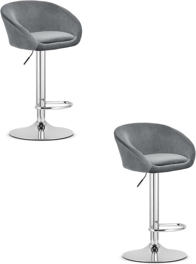 Oskar Set van 2 Barkrukken EAST – Velvet Grijs Chromen Basis Rugleuning Verstelbare Hoogte 360° Draaibaar Comfortabele Voetsteun Modern Design Max. 110 kg