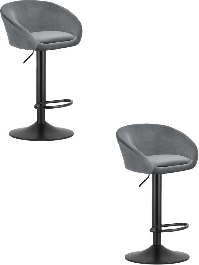 Oskar Set van 2 Barkrukken EAST – Velvet Grijs Zwarte Basis Rugleuning Verstelbare Hoogte 360° Draaibaar Comfortabele Voetsteun Modern Design Max. 110 kg