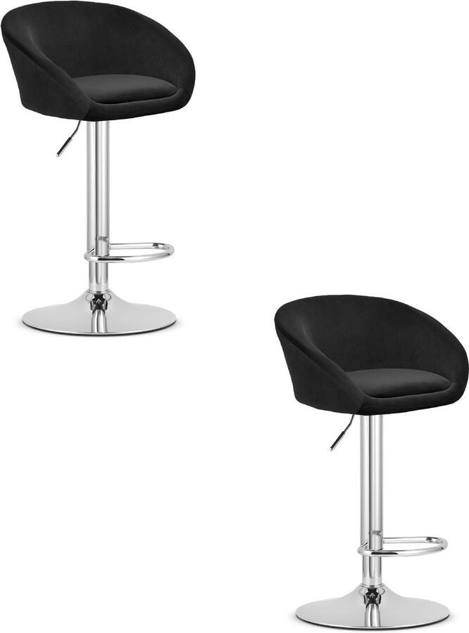 Oskar Set van 2 Barkrukken EAST – Velvet Zwart Chromen Basis Rugleuning Verstelbare Hoogte 360° Draaibaar Comfortabele Voetsteun Modern Design Max. 110 kg
