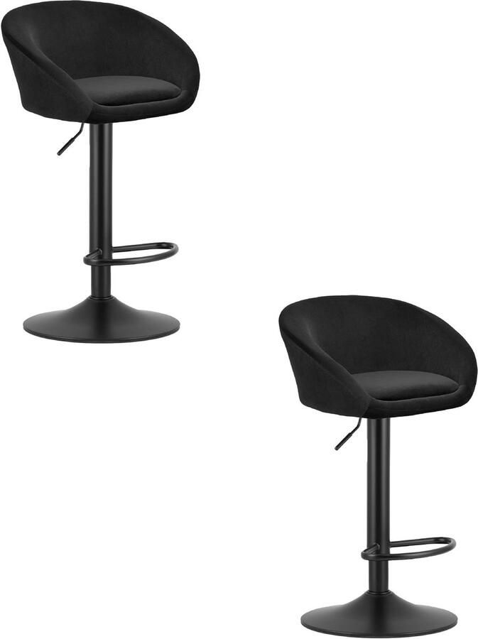 Oskar Set van 2 Barkrukken EAST – Velvet Zwart Zwarte Basis Rugleuning Verstelbare Hoogte 360° Draaibaar Comfortabele Voetsteun Modern Design Max. 110 kg