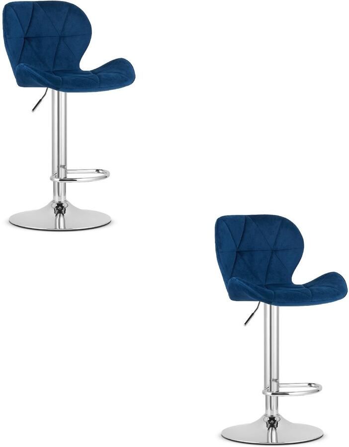 Oskar Set van 2 Barkrukken WEST – Velvet Donkerblauw Chromen Basis Rugleuning Verstelbare Hoogte 360° Draaibaar Comfortabele Voetsteun Antislip Onderstel Modern Design Max. 110 kg