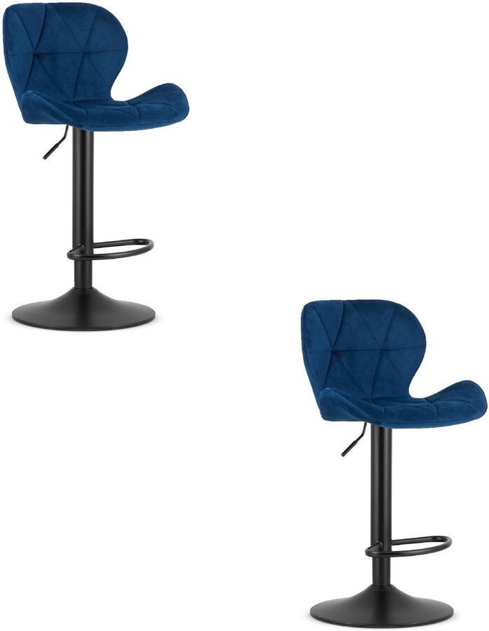 Oskar Set van 2 Barkrukken WEST – Velvet Donkerblauw Zwarte Basis Rugleuning Verstelbare Hoogte 360° Draaibaar Comfortabele Voetsteun Antislip Onderstel Modern Design Max. 110 kg