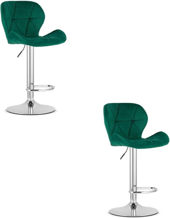 Oskar Set van 2 Barkrukken WEST – Velvet Groen Chromen Basis Rugleuning Verstelbare Hoogte 360° Draaibaar Comfortabele Voetsteun Antislip Onderstel Modern Design Max. 110 kg