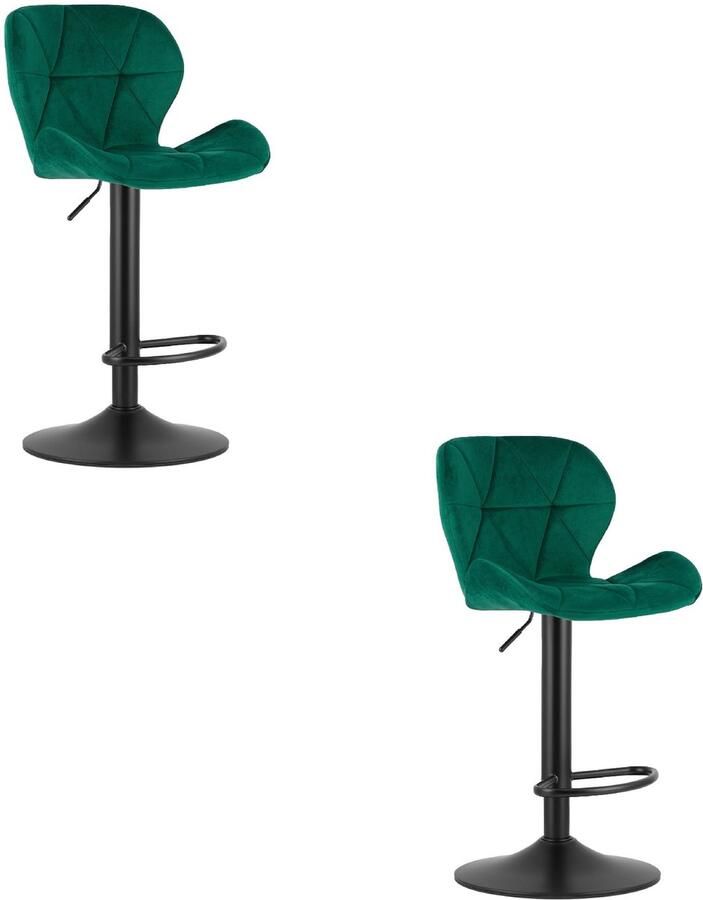 Oskar Set van 2 Barkrukken WEST – Velvet Groen Zwarte Basis Rugleuning Verstelbare Hoogte 360° Draaibaar Comfortabele Voetsteun Antislip Onderstel Modern Design Max. 110 kg