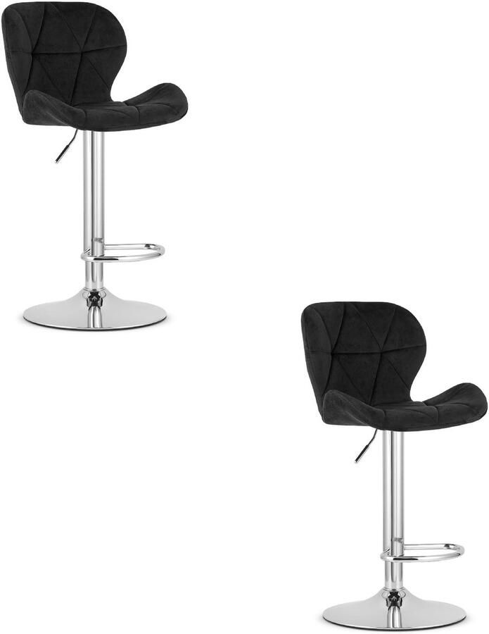 Oskar Set van 2 Barkrukken WEST – Velvet Zwart Chromen Basis Rugleuning Verstelbare Hoogte 360° Draaibaar Comfortabele Voetsteun Antislip Onderstel Modern Design Max. 110 kg