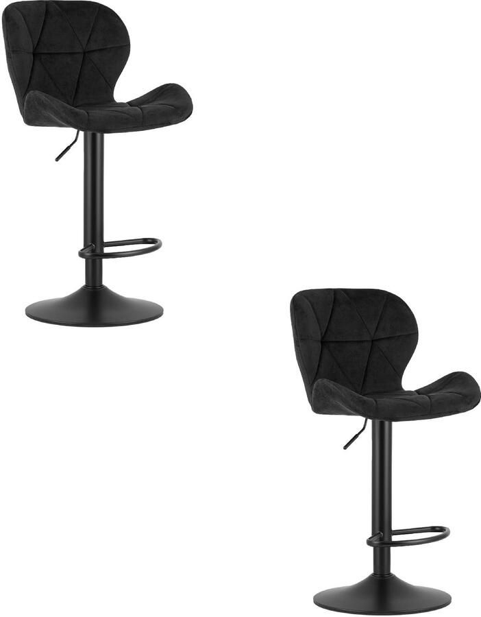 Oskar Set van 2 Barkrukken WEST – Velvet Zwart Zwarte Basis Rugleuning Verstelbare Hoogte 360° Draaibaar Comfortabele Voetsteun Antislip Onderstel Modern Design Max. 110 kg