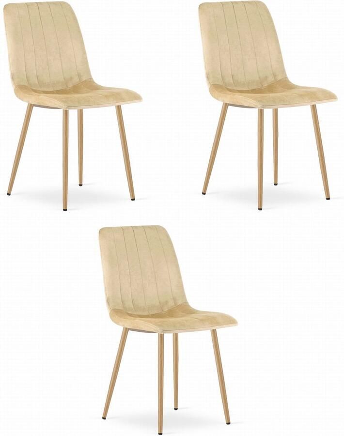 Oskar Set van 3 Eetkamerstoelen LAVA Beige Houtlook Metalen Poten Velvet Bekleding Industriële Stijl Max. 110 kg Ergonomisch Design Comfortabele Zitting