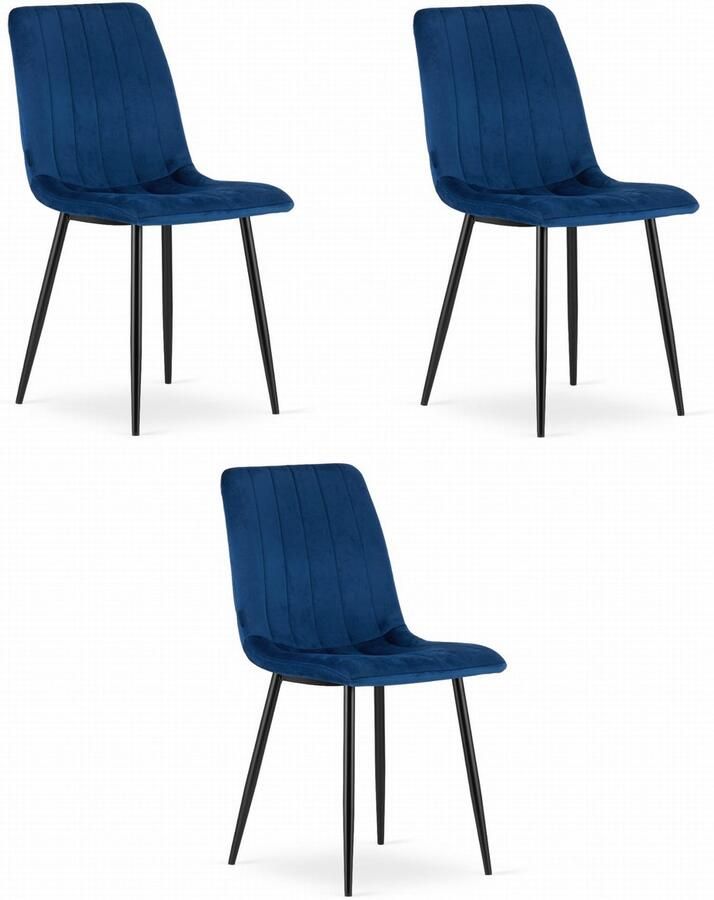 Oskar Set van 3 Eetkamerstoelen LAVA Donkerblauw Zwarte Metalen Poten Velvet Bekleding Industriële Stijl Max. 110 kg Ergonomisch Design Comfortabele Zitting