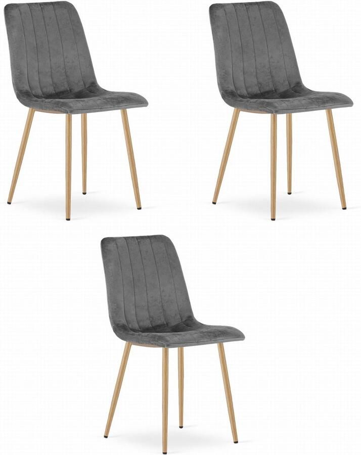 Oskar Set van 3 Eetkamerstoelen LAVA Donkergrijs Houtlook Metalen Poten Velvet Bekleding Industriële Stijl Max. 110 kg Ergonomisch Design Comfortabele Zitting