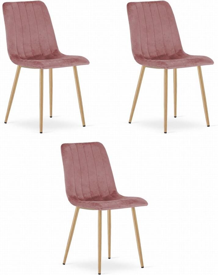Oskar Set van 3 Eetkamerstoelen LAVA Donkerroze Houtlook Metalen Poten Velvet Bekleding Industriële Stijl Max. 110 kg Ergonomisch Design Comfortabele Zitting