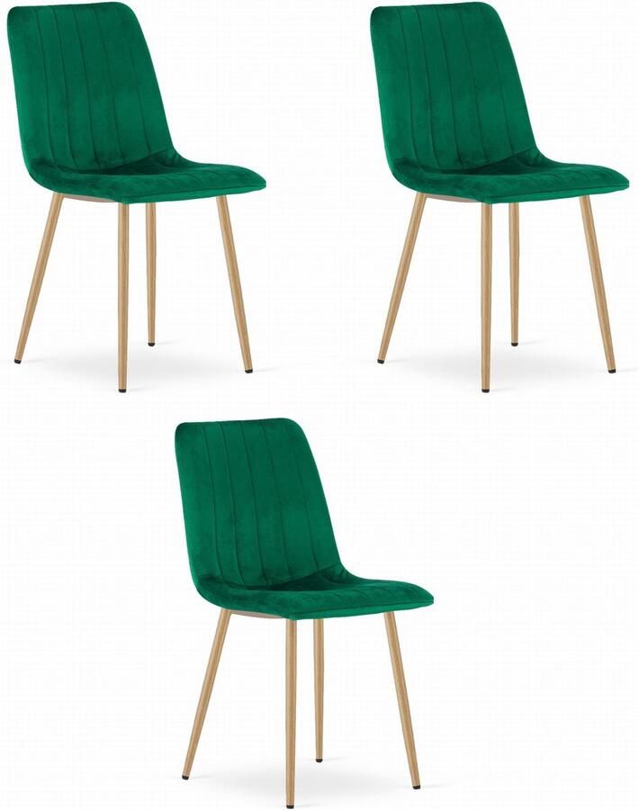 Oskar Set van 3 Eetkamerstoelen LAVA Groen Houtlook Metalen Poten Velvet Bekleding Industriële Stijl Max. 110 kg Ergonomisch Design Comfortabele Zitting