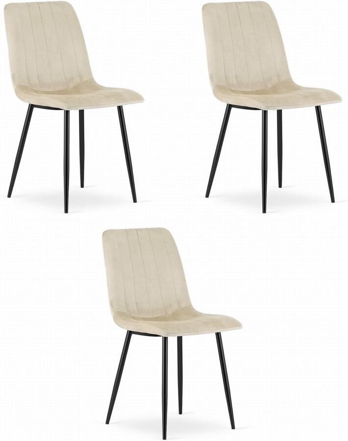 Oskar Set van 3 Eetkamerstoelen LAVA Lichtbeige Zwarte Metalen Poten Velvet Bekleding Industriële Stijl Max. 110 kg Ergonomisch Design Comfortabele Zitting