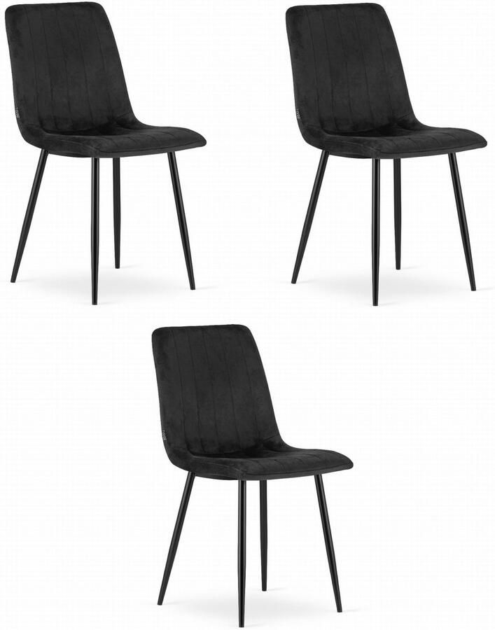 Oskar Set van 3 Eetkamerstoelen LAVA Zwart Zwarte Metalen Poten Velvet Bekleding Industriële Stijl Max. 110 kg Ergonomisch Design Comfortabele Zitting