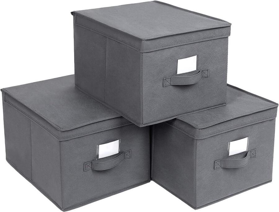Oskar Set van 3 Opbergboxen Opbergmanden Grijs Opvouwbare Organizers met Deksel en Handvat voor Kast of Garderobe 30x40x25 cm Opbergdozen met Labelvak