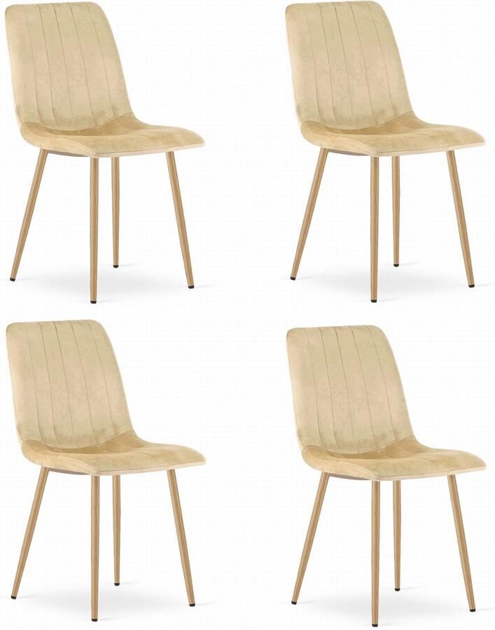 Oskar Set van 4 Eetkamerstoelen LAVA Beige Houtlook Metalen Poten Velvet Bekleding Industriële Stijl Max. 110 kg Ergonomisch Design Comfortabele Zitting