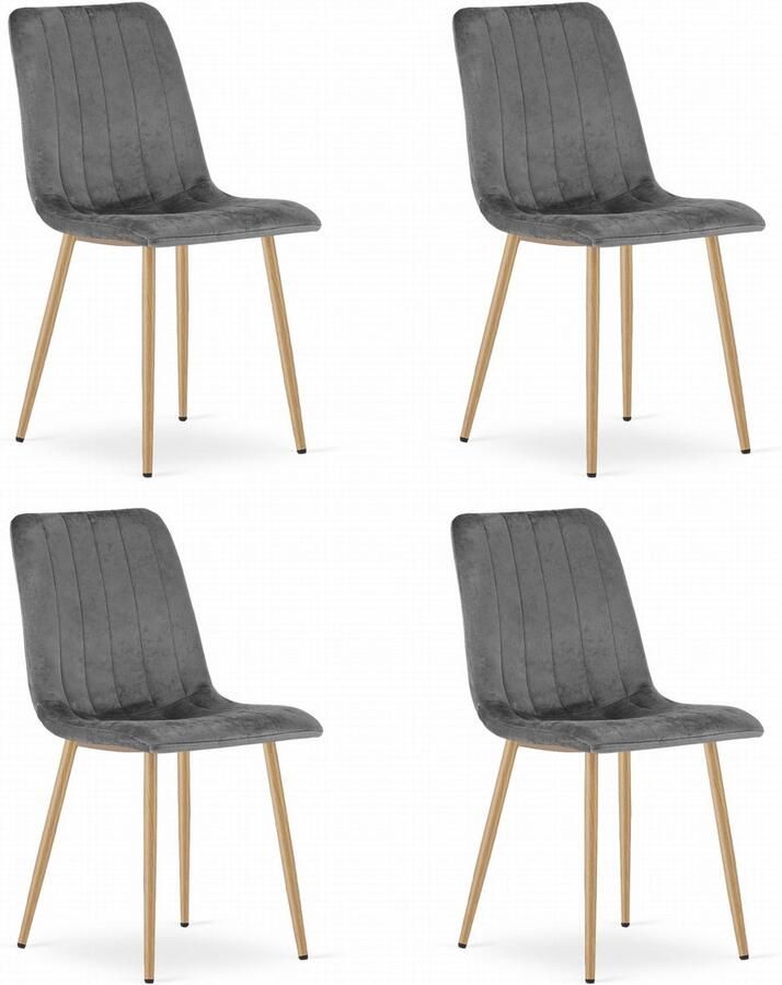 Oskar Set van 4 Eetkamerstoelen LAVA Donkergrijs Houtlook Metalen Poten Velvet Bekleding Industriële Stijl Max. 110 kg Ergonomisch Design Comfortabele Zitting