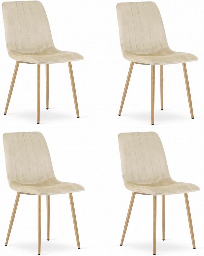 Oskar Set van 4 Eetkamerstoelen LAVA Lichtbeige Houtlook Metalen Poten Velvet Bekleding Industriële Stijl Max. 110 kg Ergonomisch Design Comfortabele Zitting