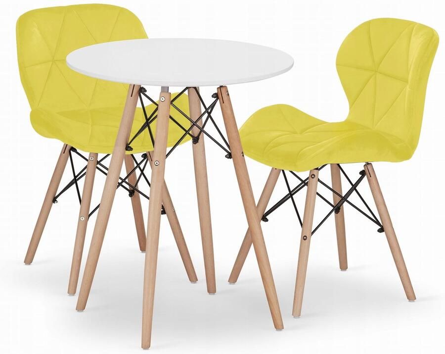 Oskar TODI 60 witte ronde tafelset + 2 LAGO gele stoelen