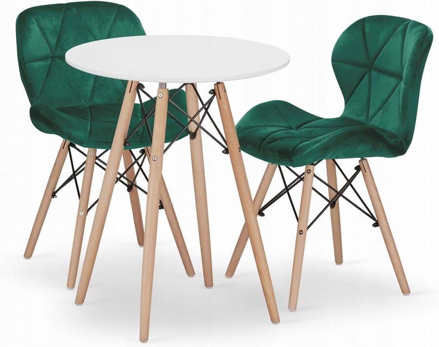 Oskar TODI 60 witte ronde tafelset + 2 LAGO groene stoelen