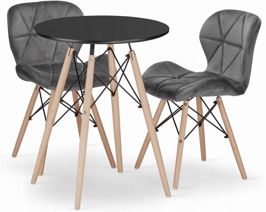 Oskar TODI 60 zwarte ronde tafelset + 2 LAGO grijze stoelen