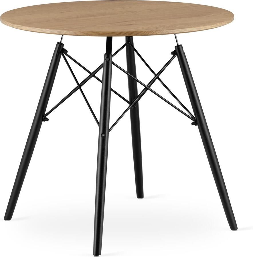 Oskar TODI-80 Ronde Eettafel Scandinavisch Design Blad in Eikenkleur Zwarte Beukenhouten Poten Geschikt voor Keuken Eetkamer en Woonkamer Ø80 cm