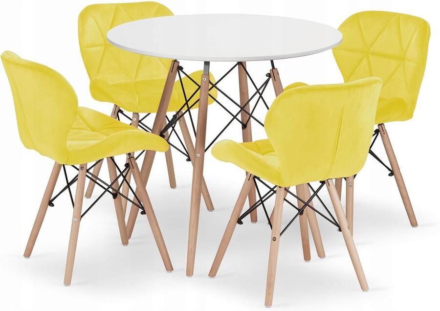 Oskar TODI 80 witte ronde tafelset + 4 LAGO gele stoelen