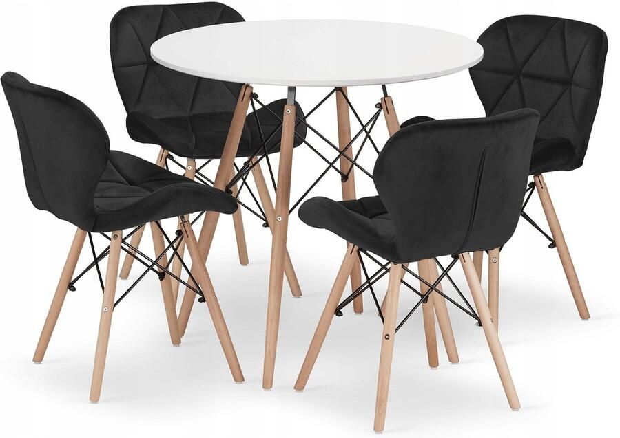 Oskar TODI 80 witte ronde tafelset + 4 LAGO zwarte stoelen