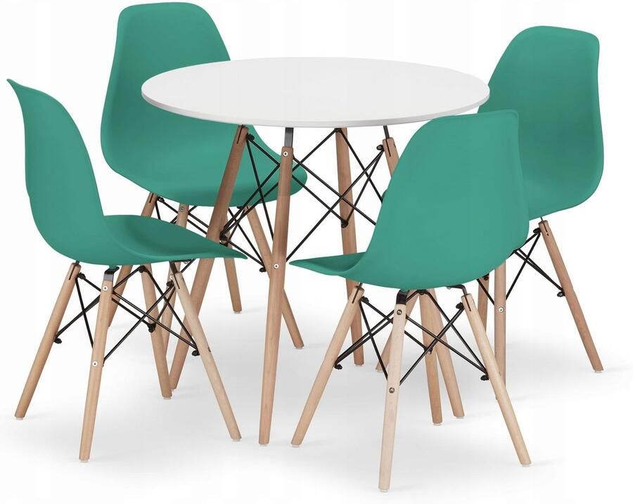 Oskar TODI 80 witte ronde tafelset + 4 OSAKA groene stoelen