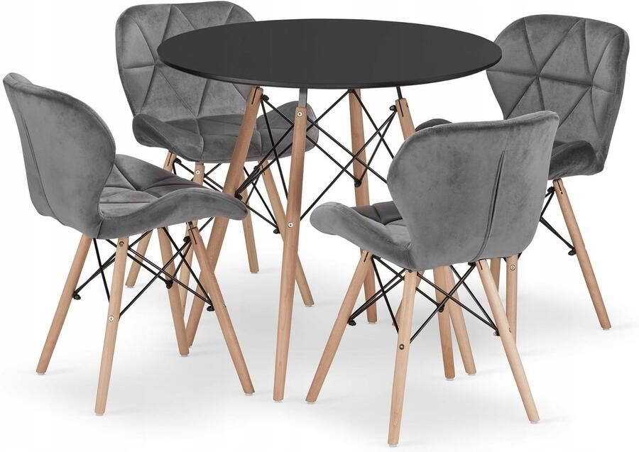 Oskar TODI 80 zwarte ronde tafelset + 4 LAGO grijze stoelen