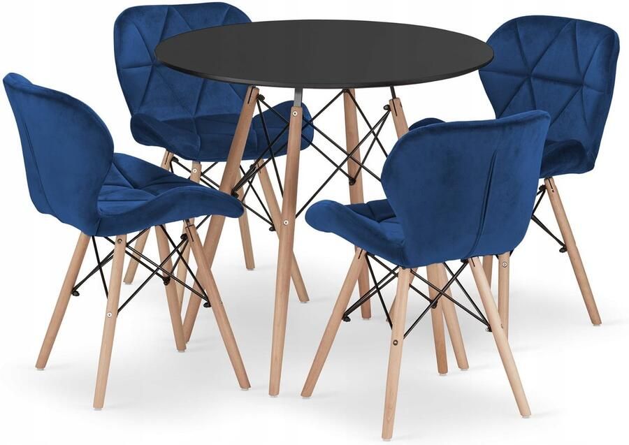 Oskar TODI 80 zwarte ronde tafelset + 4 LAGO marineblauwe stoelen